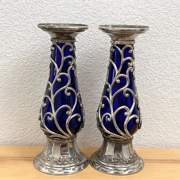 Rare Vintage MCM Mid Century Cobalt Blue Caged Glass Ornate 10” Candle Holder - Picture 3 of 12